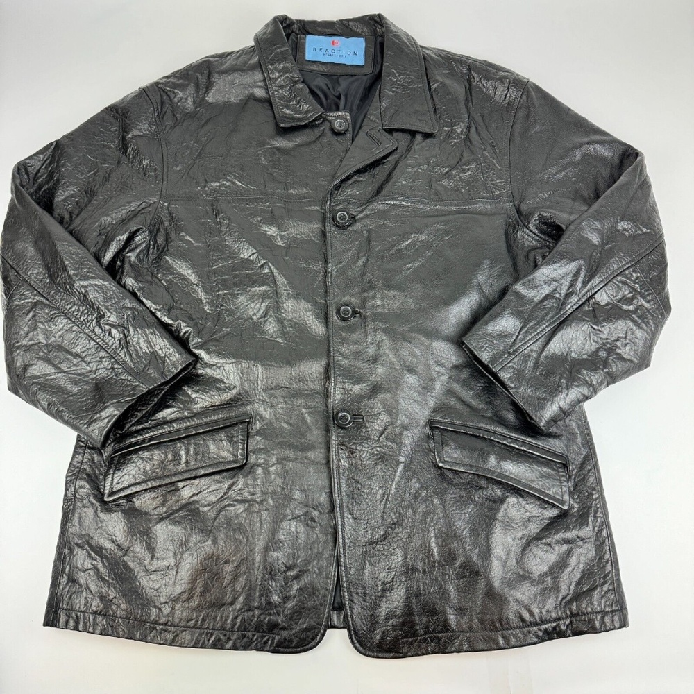 Kenneth Cole Reaction Mens Size XL Black Button Genuine Leather Jacket *Read